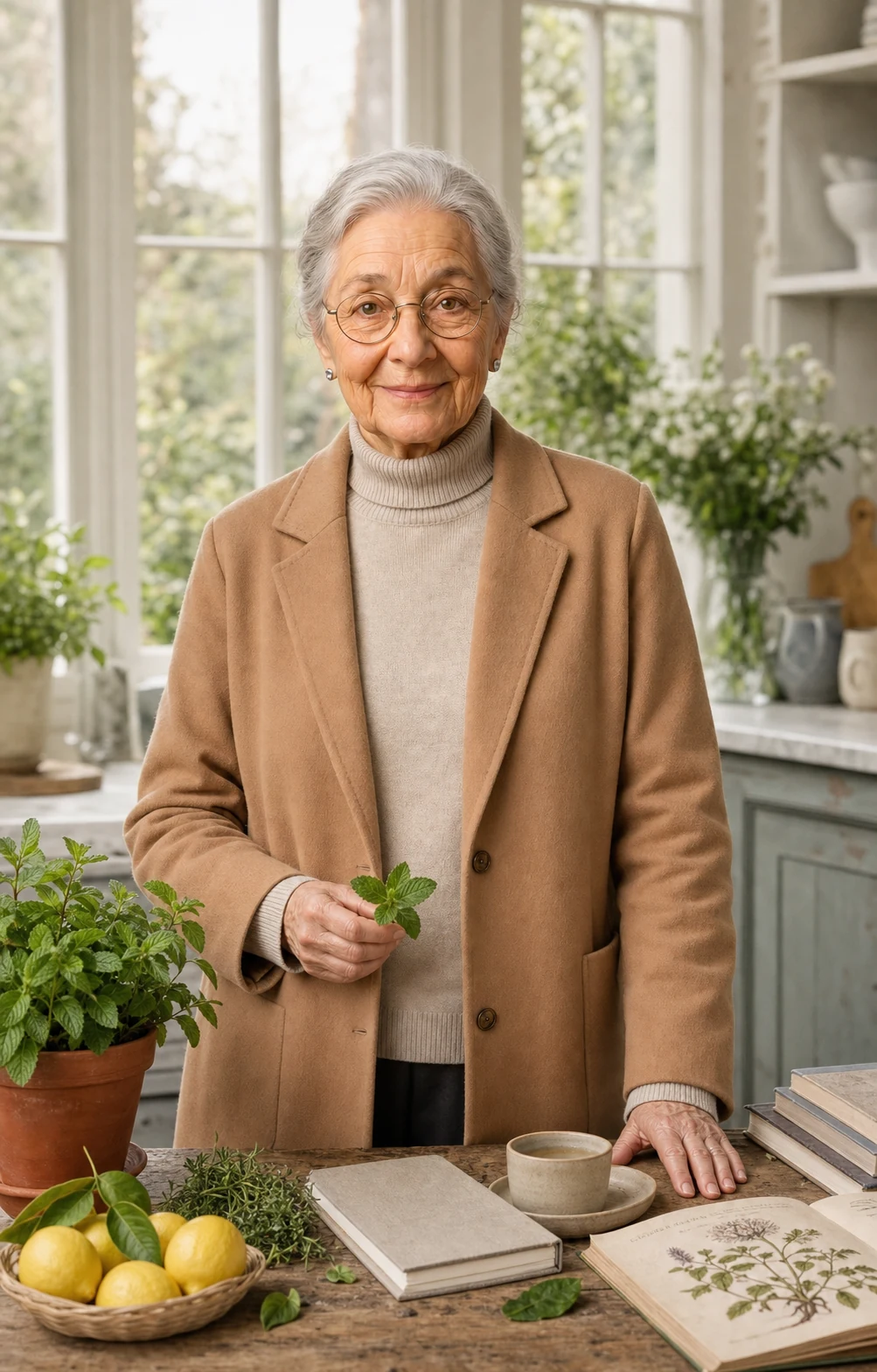 Grandma Grace at the kitchen worktable with fresh mint